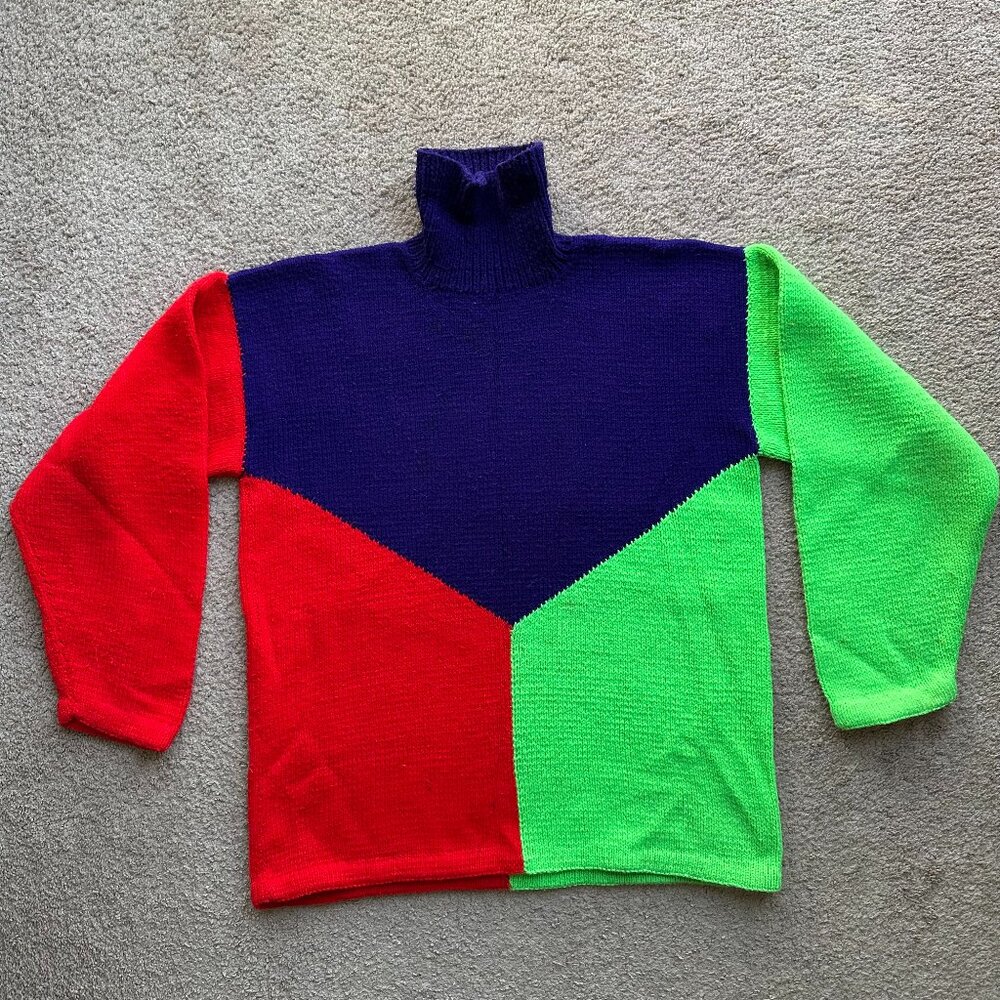 Lorraine Dimock Sweater Mens Large Wool Geometric Vtg Colorful Hand Knit
